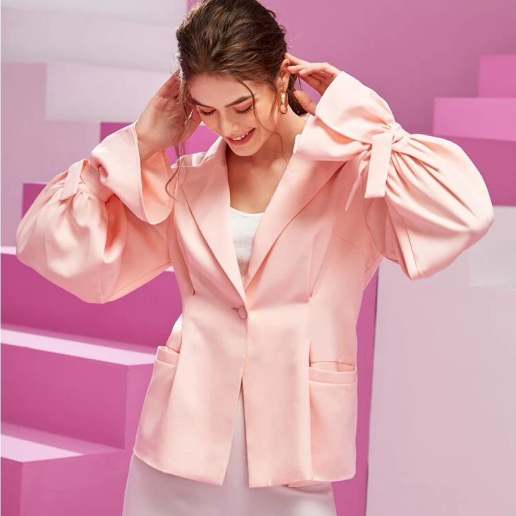 Solid Flounce Sleeve Single Button Blazer